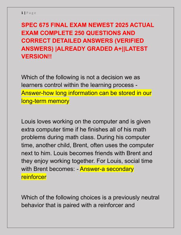 SPEC 675 FINAL EXAM NEWEST 2025 ACTUAL EXAM COMPLETE 250 QUESTIONS AND CORRECT DETAILED ANSWERS
