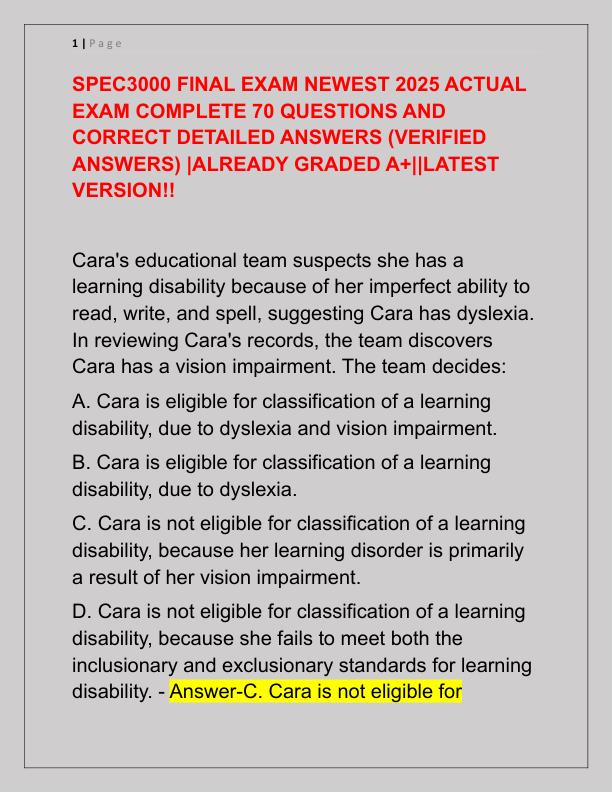 SPEC3000 FINAL EXAM NEWEST 2025 ACTUAL EXAM COMPLETE 70 QUESTIONS AND CORRECT DETAILED ANSWERS