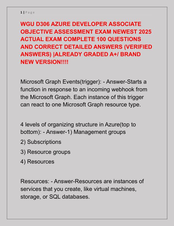 WGU D306 AZURE DEVELOPER ASSOCIATE OBJECTIVE ASSESSMENT EXAM NEWEST 2025 ACTUAL EXAM COMPLETE 100 QUESTIONS AND CORRECT DETAILED ANSWERS