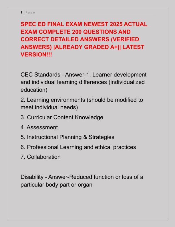 SPEC ED FINAL EXAM NEWEST 2025 ACTUAL EXAM COMPLETE 200 QUESTIONS AND CORRECT DETAILED ANSWERS
