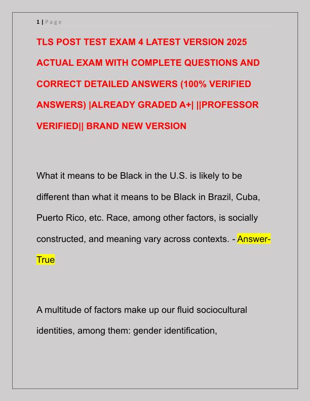 TLS POST TEST EXAM 4 LATEST VERSION 2025 ACTUAL EXAM WITH COMPLETE QUESTIONS AND CORRECT DETAILED ANSWERS