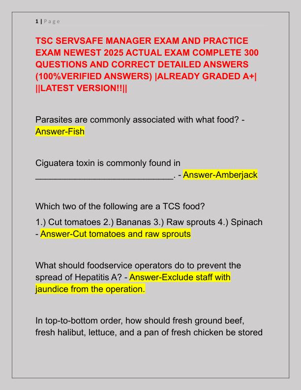 TSC SERVSAFE MANAGER EXAM AND PRACTICE EXAM NEWEST 2025 ACTUAL EXAM COMPLETE 300 QUESTIONS AND CORRECT DETAILED ANSWERS