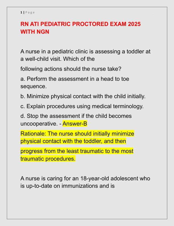 RN ATI PEDIATRIC PROCTORED EXAM 2025 WITH NGN