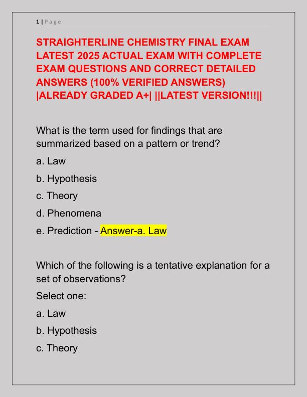 STRAIGHTERLINE CHEMISTRY FINAL EXAM LATEST 2025 ACTUAL EXAM WITH COMPLETE EXAM QUESTIONS AND CORRECT DETAILED ANSWERS
