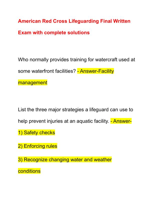 American Red Cross Lifeguarding Final Written Exam with complete solutions