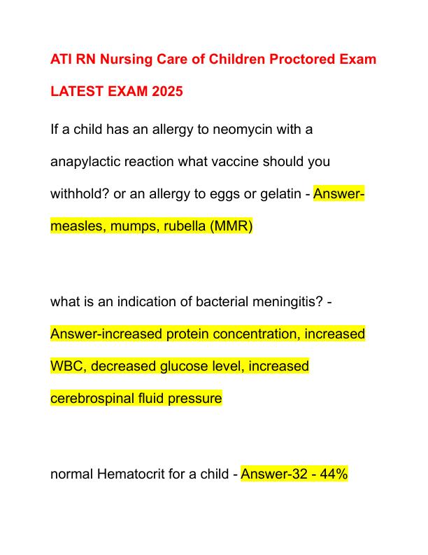 ATI RN Nursing Care of Children Proctored Exam LATEST EXAM 2025
