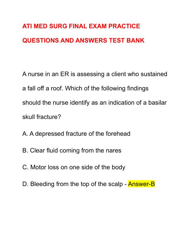 ATI MED SURG FINAL EXAM PRACTICE QUESTIONS AND ANSWERS TEST BANK