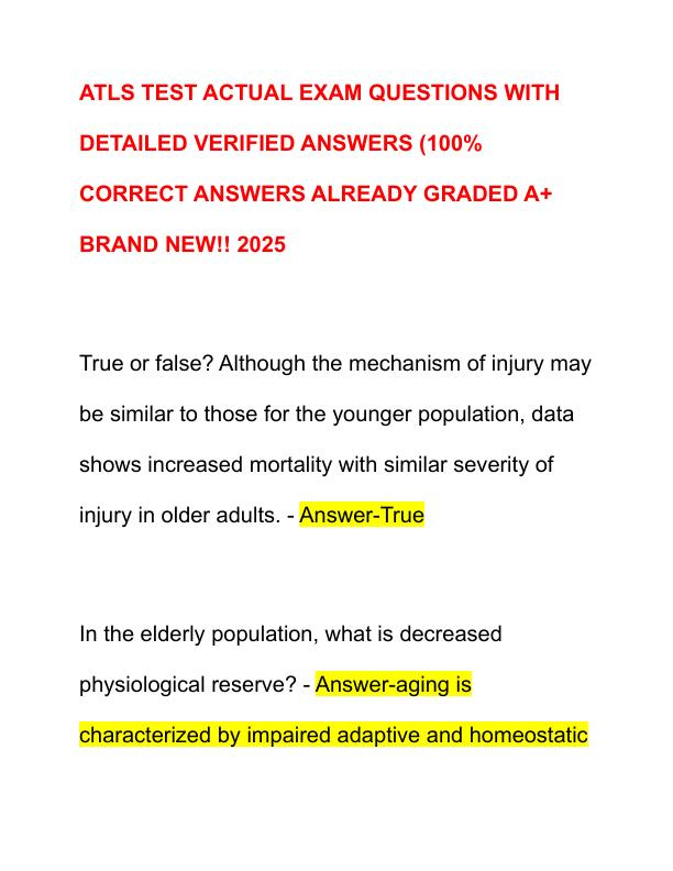 ATLS TEST ACTUAL EXAM QUESTIONS WITH DETAILED VERIFIED ANSWERS
