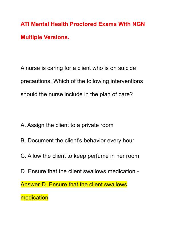 ATI Mental Health Proctored Exams With NGN Multiple Versions