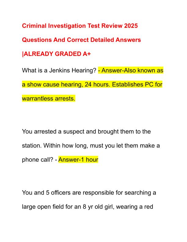 Criminal Investigation Test Review 2025 Questions And Correct Detailed Answers