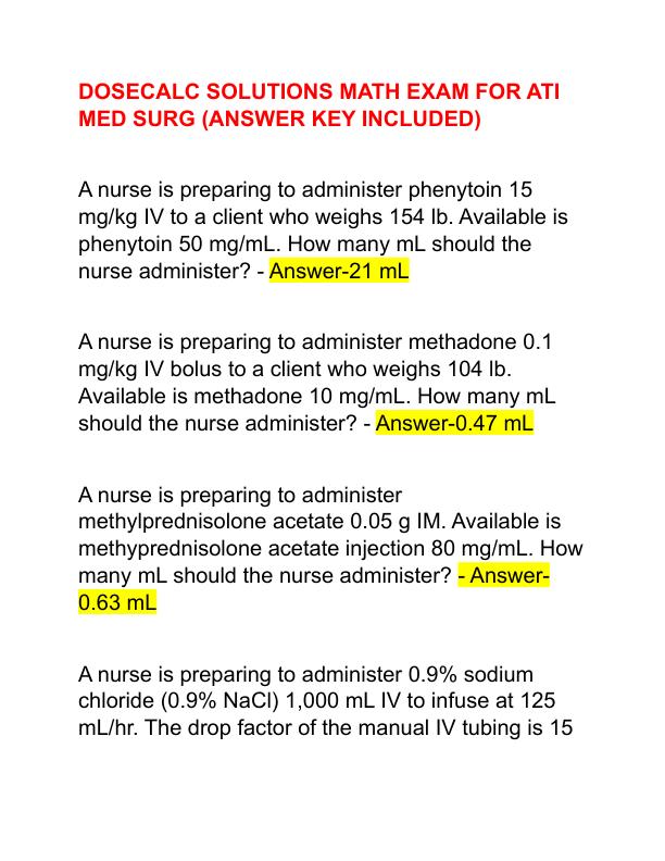 DOSECALC SOLUTIONS MATH EXAM FOR ATI MED SURG