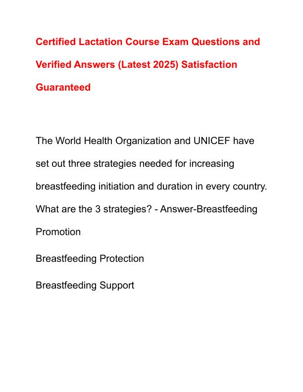 Certified Lactation Course Exam Questions and Verified Answers