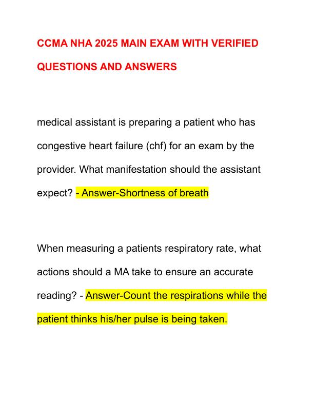 CCMA NHA 2025 MAIN EXAM WITH VERIFIED QUESTIONS AND ANSWERS