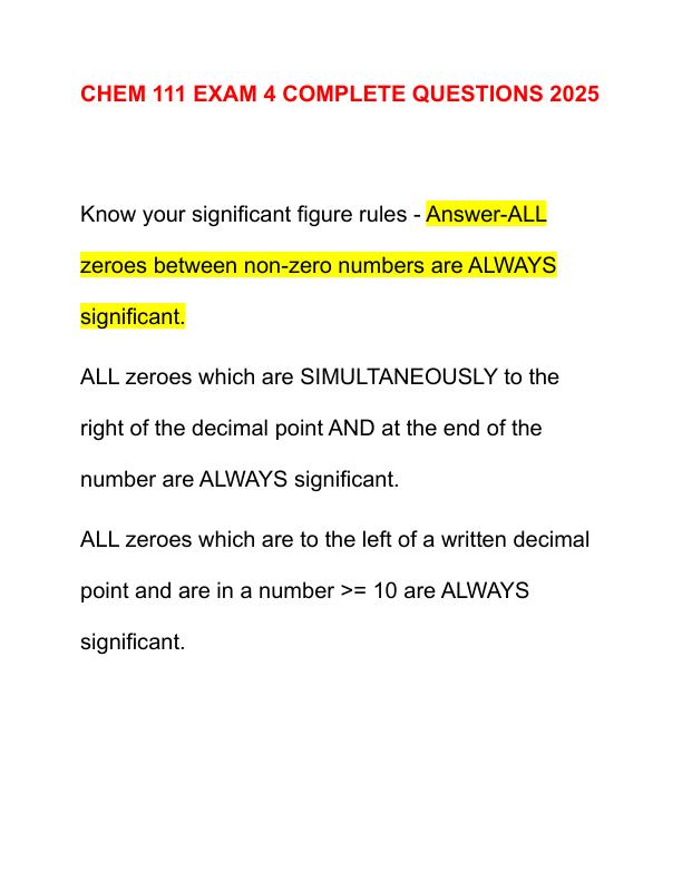 CHEM 111 EXAM 4 COMPLETE QUESTIONS 2025