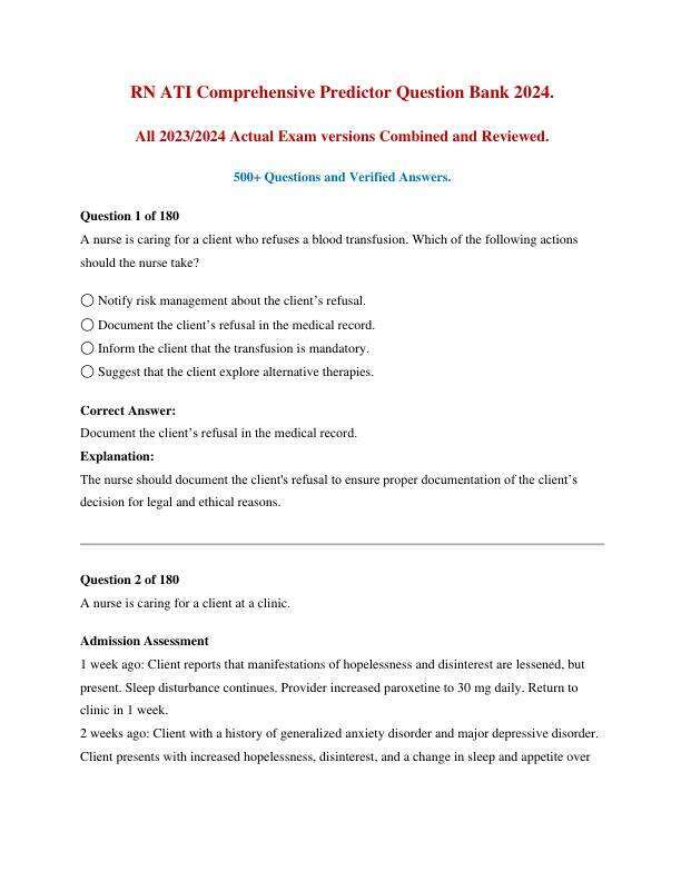 RN ATI Comprehensive Predictor Question Bank 2024