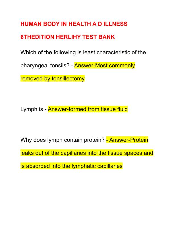 HUMAN BODY IN HEALTH A D ILLNESS 6THEDITION HERLIHY TEST BANK