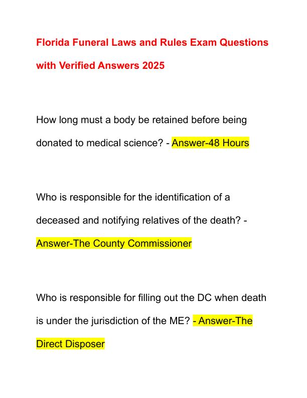 Florida Funeral Laws and Rules Exam Questions with Verified Answers 2025