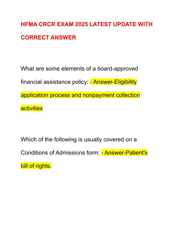 HFMA CRCR EXAM 2025 LATEST UPDATE WITH CORRECT ANSWER