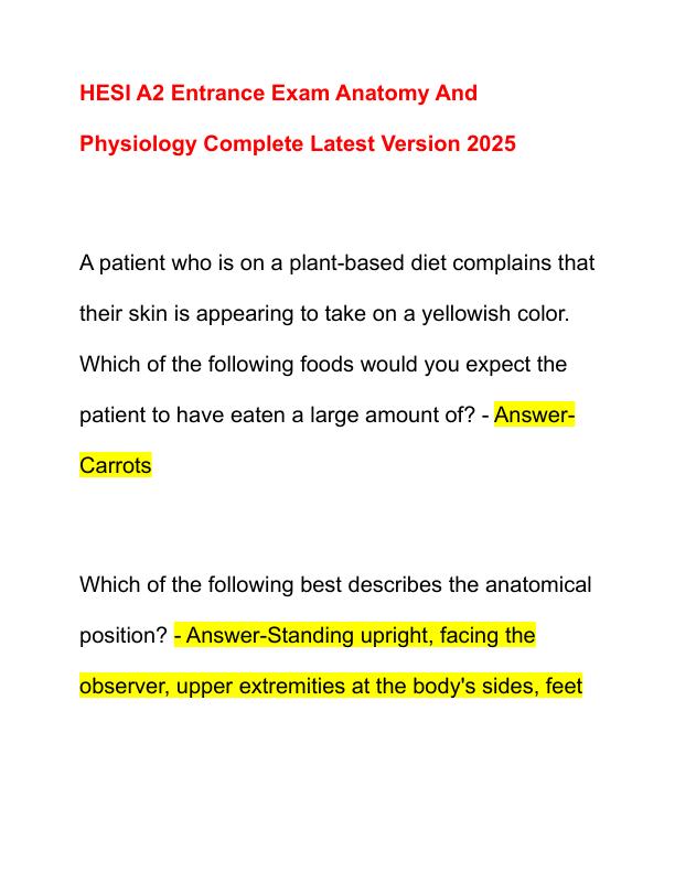 HESI A2 Entrance Exam Anatomy And Physiology Complete Latest Version 2025