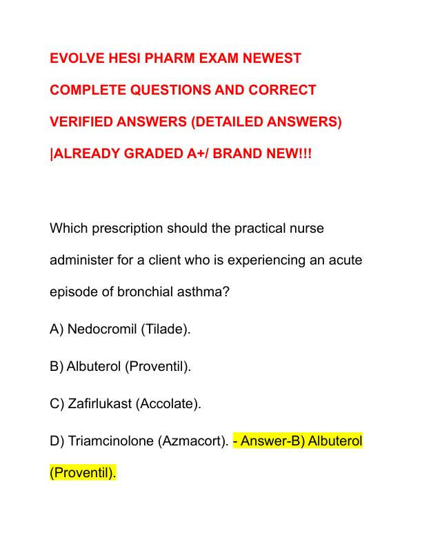 EVOLVE HESI PHARM EXAM NEWEST COMPLETE QUESTIONS AND CORRECT VERIFIED ANSWERS