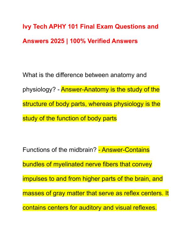 Ivy Tech APHY 101 Final Exam Questions and Answers 2025
