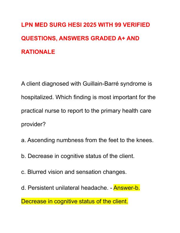 LPN MED SURG HESI 2025 WITH 99 VERIFIED QUESTIONS