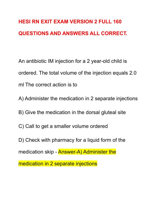 HESI RN EXIT EXAM VERSION 2 FULL 160 QUESTIONS AND ANSWERS ALL CORRECT