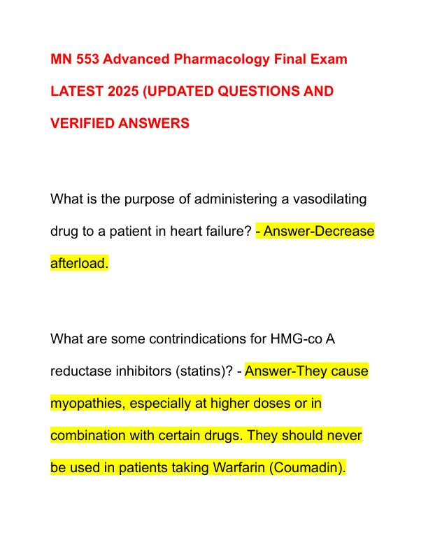 MN 553 Advanced Pharmacology Final Exam LATEST 2025