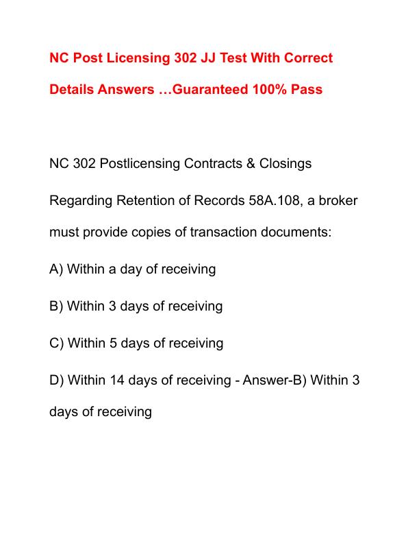 NC Post Licensing 302 JJ Test With Correct Details Answers