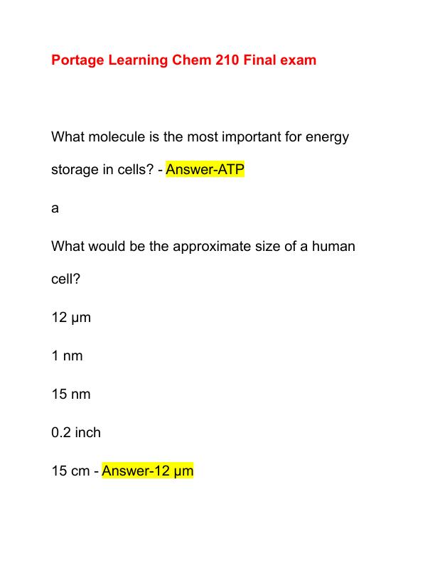 Portage Learning Chem 210 Final exam