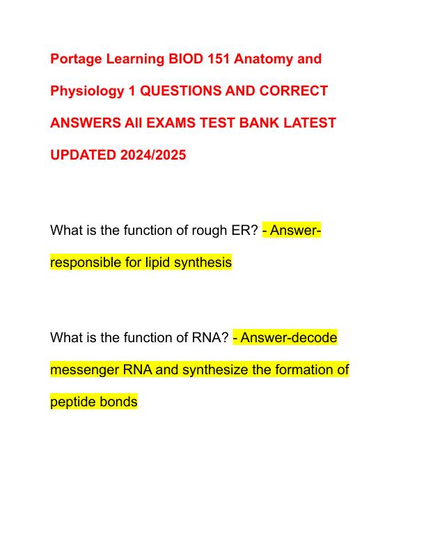 Portage Learning BIOD 151 Anatomy and Physiology 1 QUESTIONS AND CORRECT ANSWERS All EXAMS TEST BANK LATEST UPDATED 2024