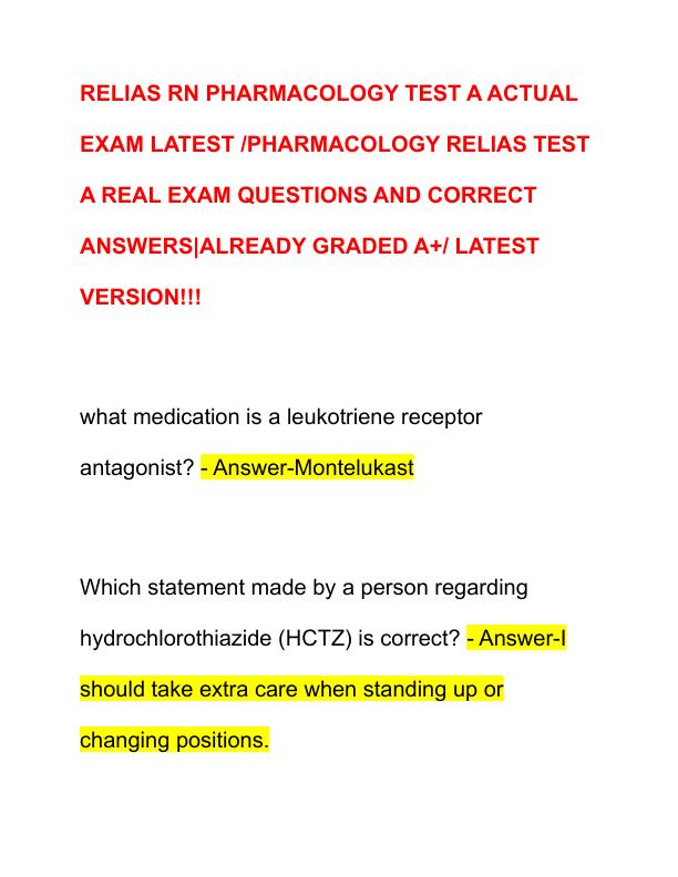 RELIAS RN PHARMACOLOGY TEST A ACTUAL EXAM LATEST