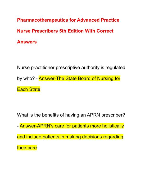 Pharmacotherapeutics for Advanced Practice Nurse Prescribers 5th Edition With Correct Answers