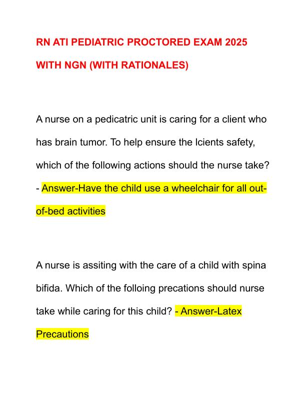 RN ATI PEDIATRIC PROCTORED EXAM 2025 WITH NGN
