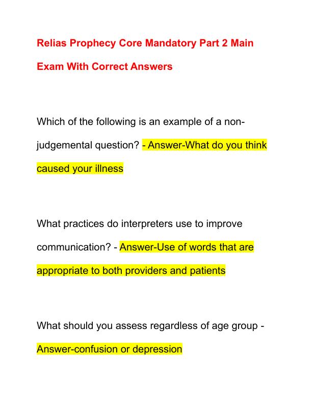 Relias Prophecy Core Mandatory Part 2 Main Exam With Correct Answers