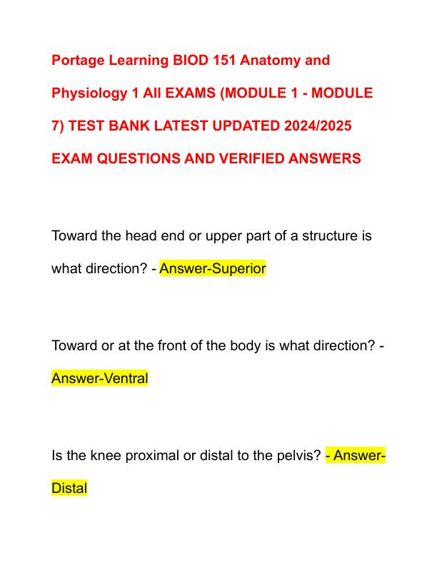 Portage Learning BIOD 151 Anatomy and Physiology 1 All EXAMS