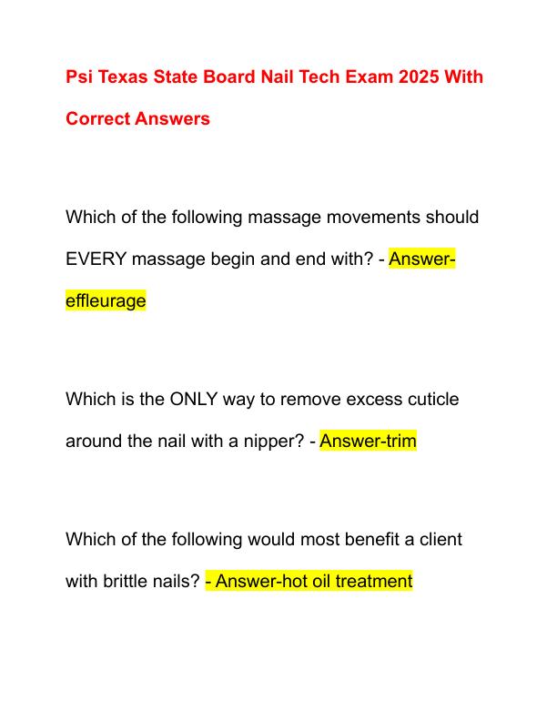 Psi Texas State Board Nail Tech Exam 2025 With Correct Answers