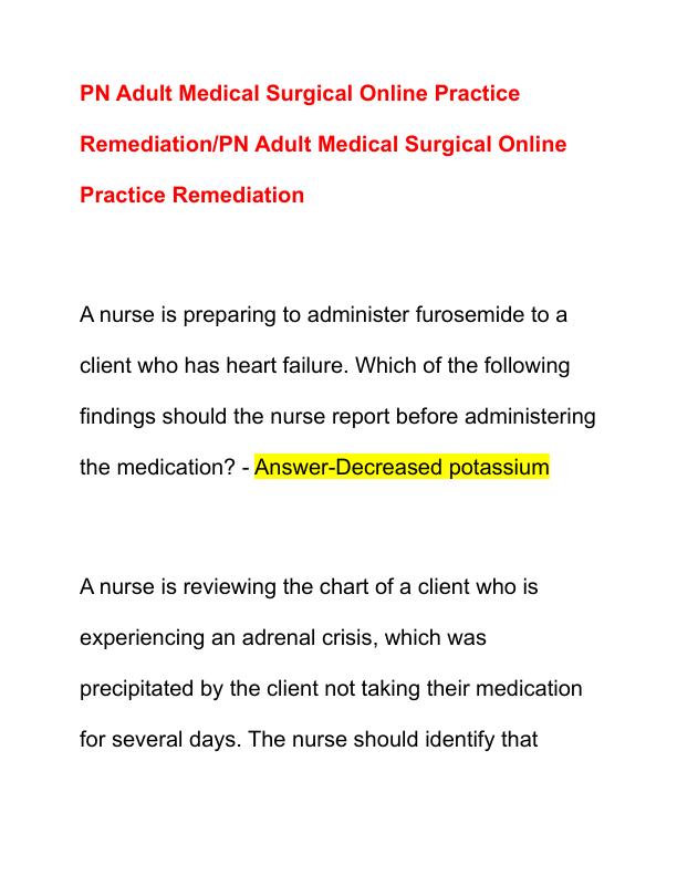 PN Adult Medical Surgical Online Practice Remediation