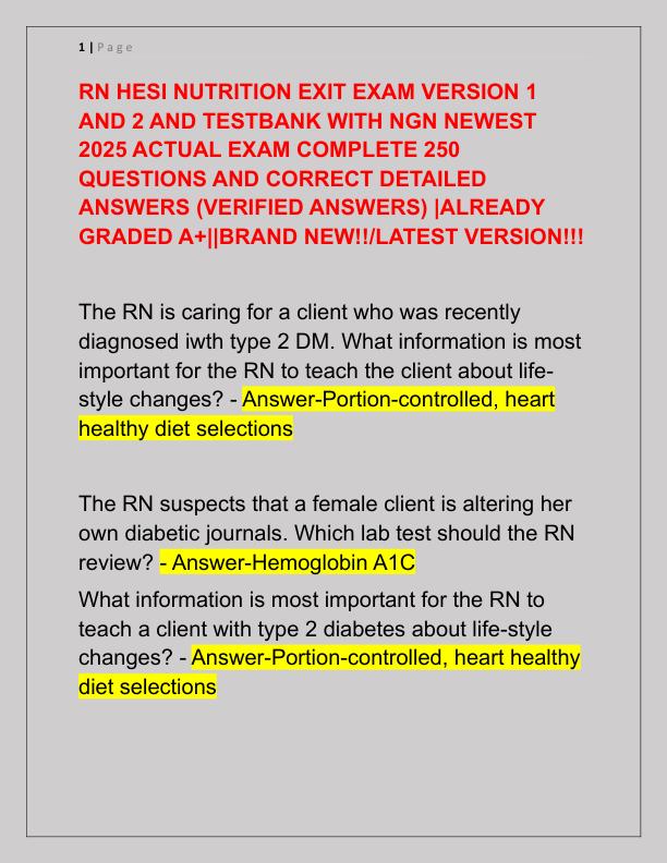 RN HESI NUTRITION EXIT EXAM VERSION 1 AND 2 AND TESTBANK WITH NGN NEWEST 2025 ACTUAL EXAM COMPLETE 250 QUESTIONS AND CORRECT DETAILED ANSWERS