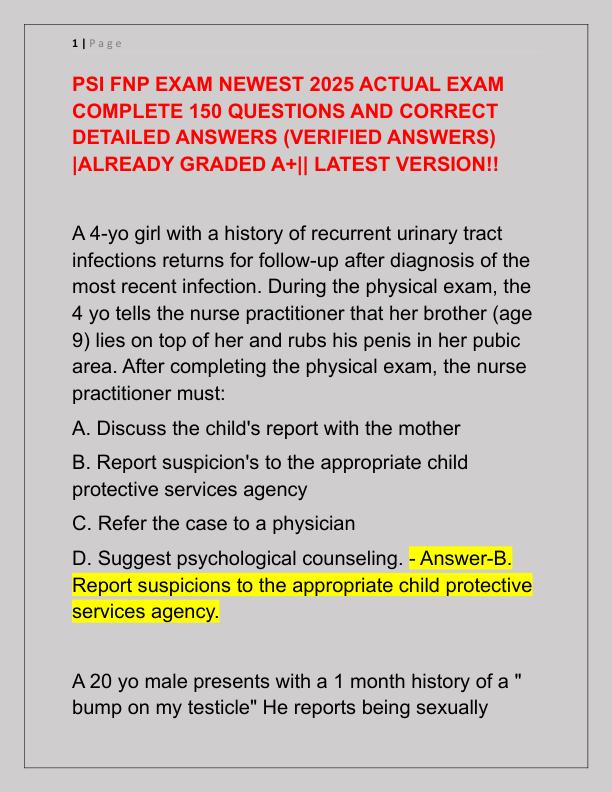 PSI FNP EXAM NEWEST 2025 ACTUAL EXAM COMPLETE 150 QUESTIONS AND CORRECT DETAILED ANSWERS