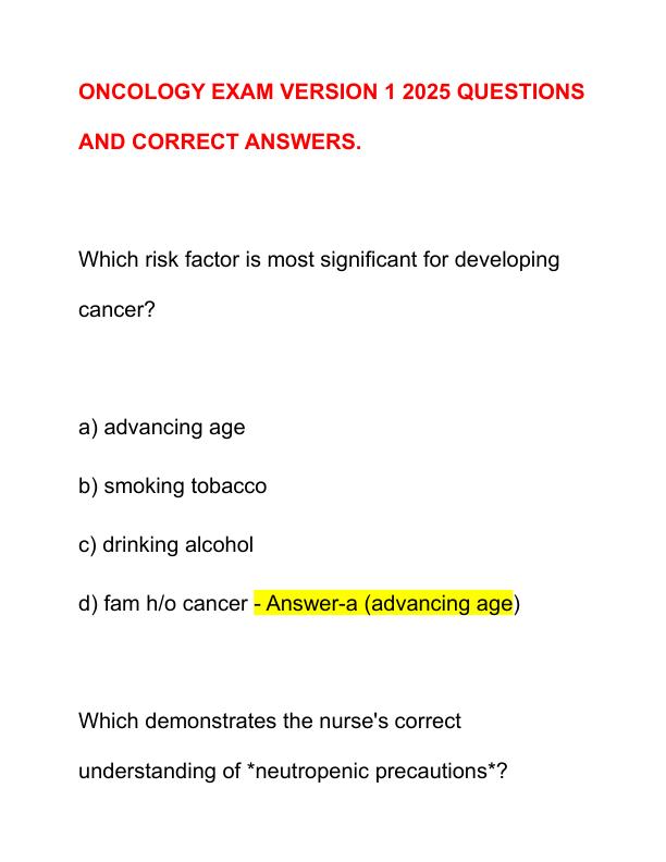 ONCOLOGY EXAM VERSION 1 2025 QUESTIONS AND CORRECT ANSWERS