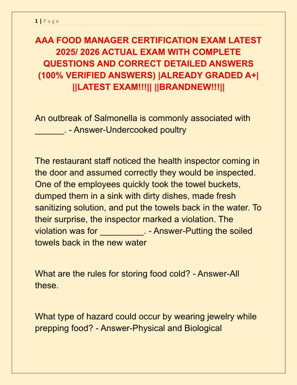 AAA FOOD MANAGER CERTIFICATION EXAM LATEST 2025 - Copy
