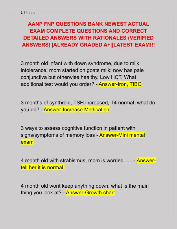 AANP FNP QUESTIONS BANK NEWEST ACTUAL EXAM COMPLETE QUESTIONS AND CORRECT DETAILED ANSWERS WITH RATIONALES