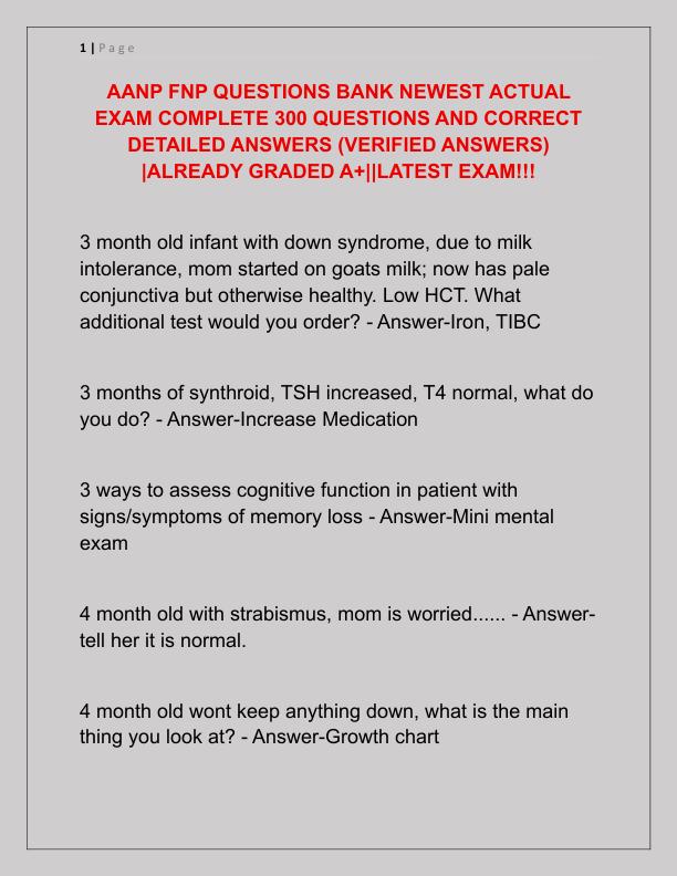 AANP FNP QUESTIONS BANK NEWEST ACTUAL EXAM COMPLETE 300 QUESTIONS AND CORRECT DETAILED ANSWERS