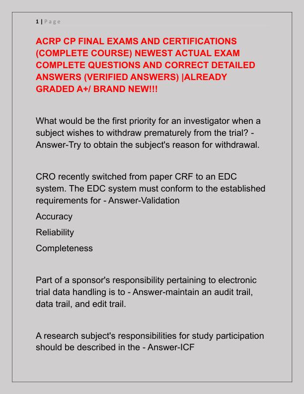 ACRP CP FINAL EXAMS AND CERTIFICATIONS