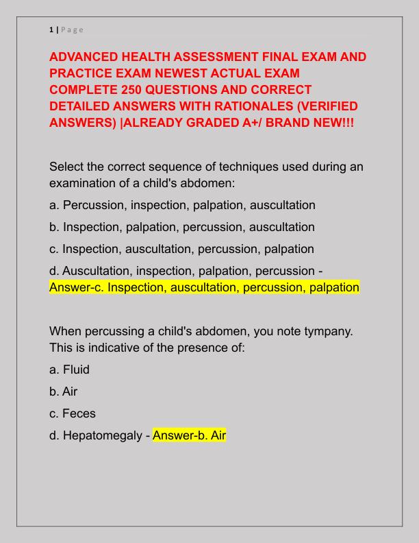 ADVANCED HEALTH ASSESSMENT FINAL EXAM AND PRACTICE EXAM NEWEST ACTUAL EXAM COMPLETE 250 QUESTIONS AND CORRECT DETAILED ANSWERS WITH RATIONALES