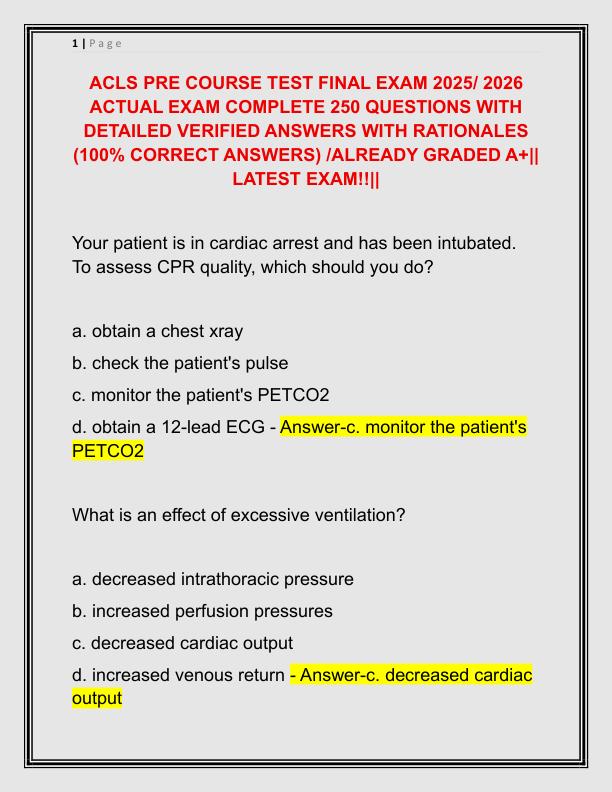 ACLS PRE COURSE TEST FINAL EXAM 2025