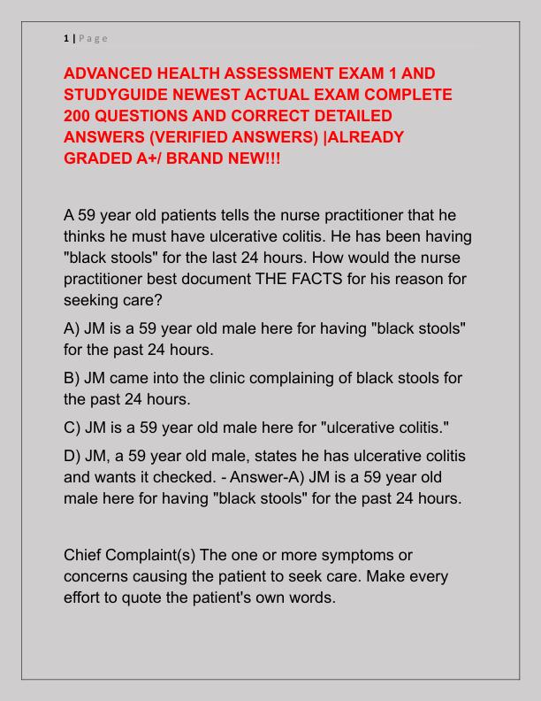 ADVANCED HEALTH ASSESSMENT EXAM 1 AND STUDYGUIDE NEWEST ACTUAL EXAM COMPLETE 200 QUESTIONS AND CORRECT DETAILED ANSWERS