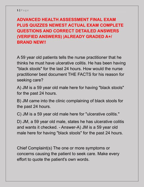 ADVANCED HEALTH ASSESSMENT FINAL EXAM PLUS QUIZZES NEWEST ACTUAL EXAM COMPLETE QUESTIONS AND CORRECT DETAILED ANSWERS