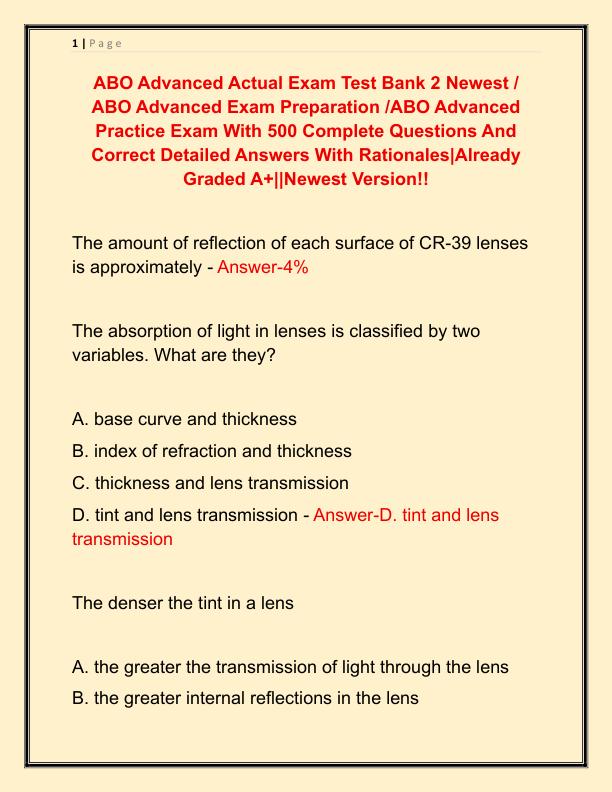 ABO Advanced Actual Exam Test Bank 2 Newest